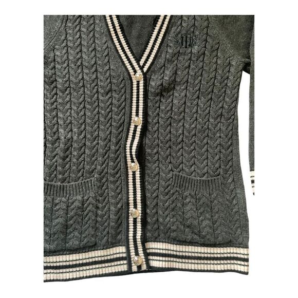 Tommy Hilfiger Button Up Cable Knit Striped V-Neck Gray Cardigan Women's Size L - Picture 5 of 15